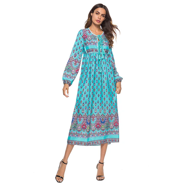 

Bohemian long sleeve v-neck woman dresses plus size European style spring and autumn print empire female dresses 90s