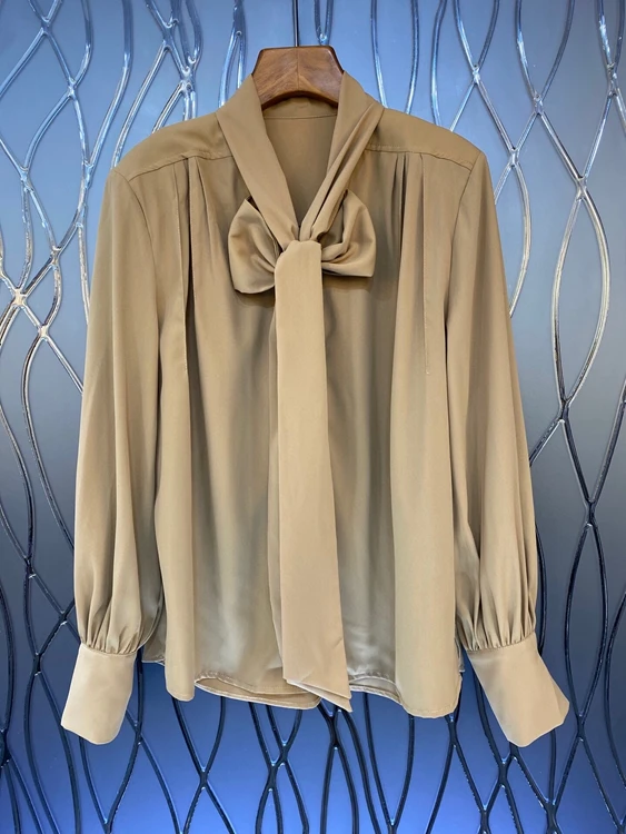 

2021 new women fashion neckline knotted ribbon decoration solid color long-sleeved all-match blouse 1020
