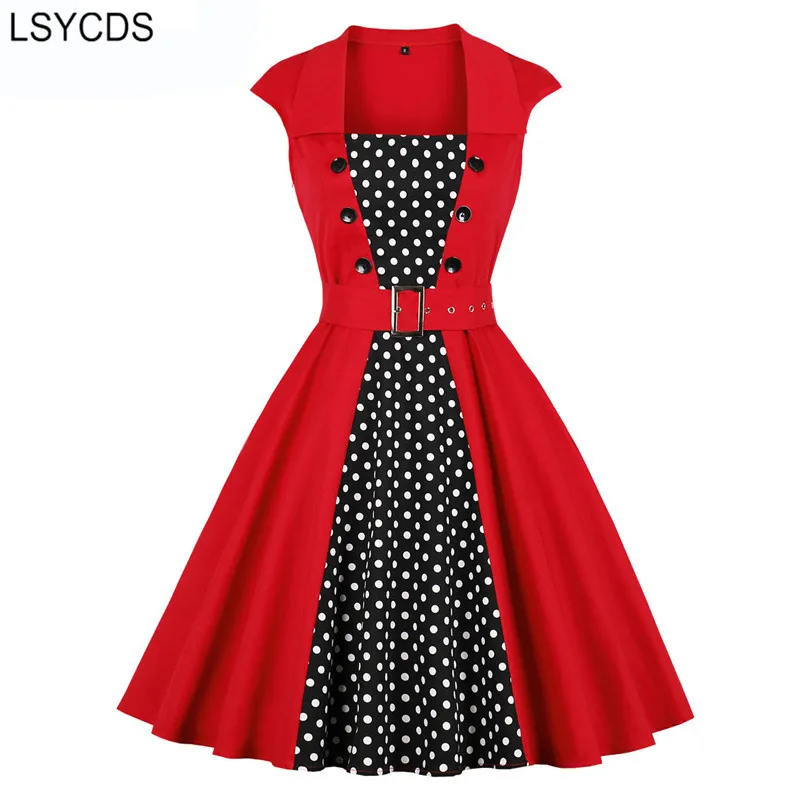 

LSYCDS Red Double Breasted Polka Dot 1950s Retro Dress Women Belted Square Collar Cap Sleeve Pockets Rockabilly Vintage Dress