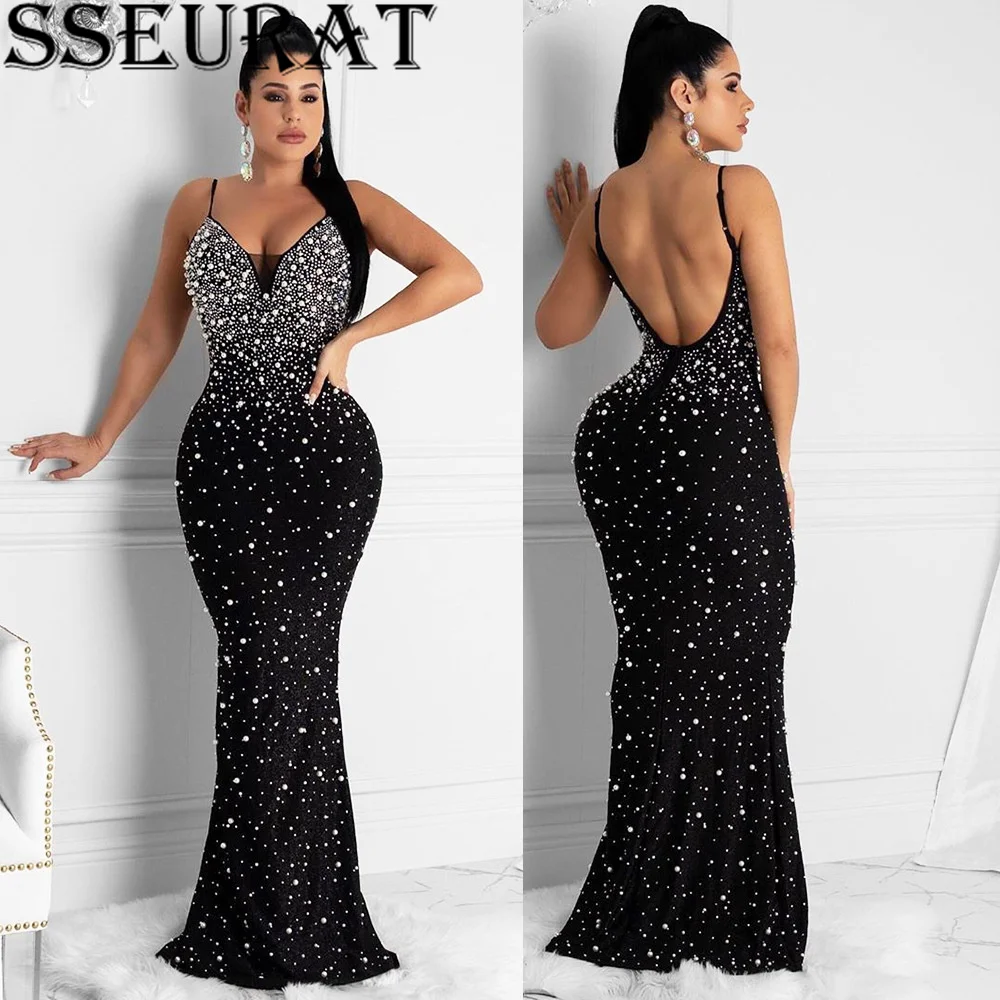 

SSEURAT Women Spaghetti Strap Backless Pearl Beading Maxi Dress Sexy Elegant Evening Party Mermaid Dress