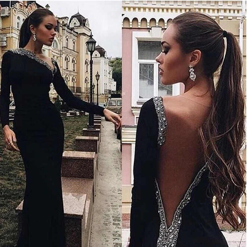 Buy Eightree Elegant Black Mermaid Evening Dress Long sleeves Crystals Beaded Formal Party Prom Gown Robe de Soiree on