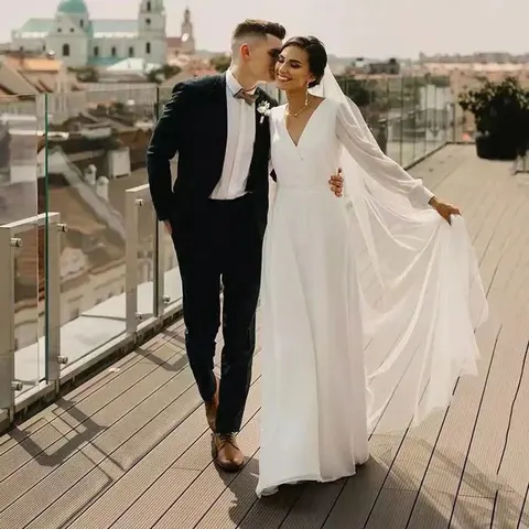 New Style V-neck Chiffon Wedding Dresses Свадебное платье Long Sleeves Robe De Soirée De Mariage Vestido De Noiva Bride Gown