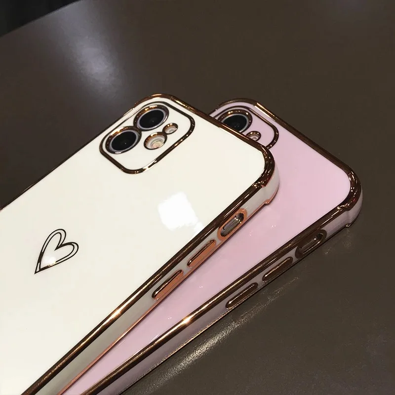 

Luxury Plating Love Heart Phone Case For iPhone 12 11 Pro Max X XR XS Max 7 8 Plus Mini Soft Camera Protection Back Cover Funda