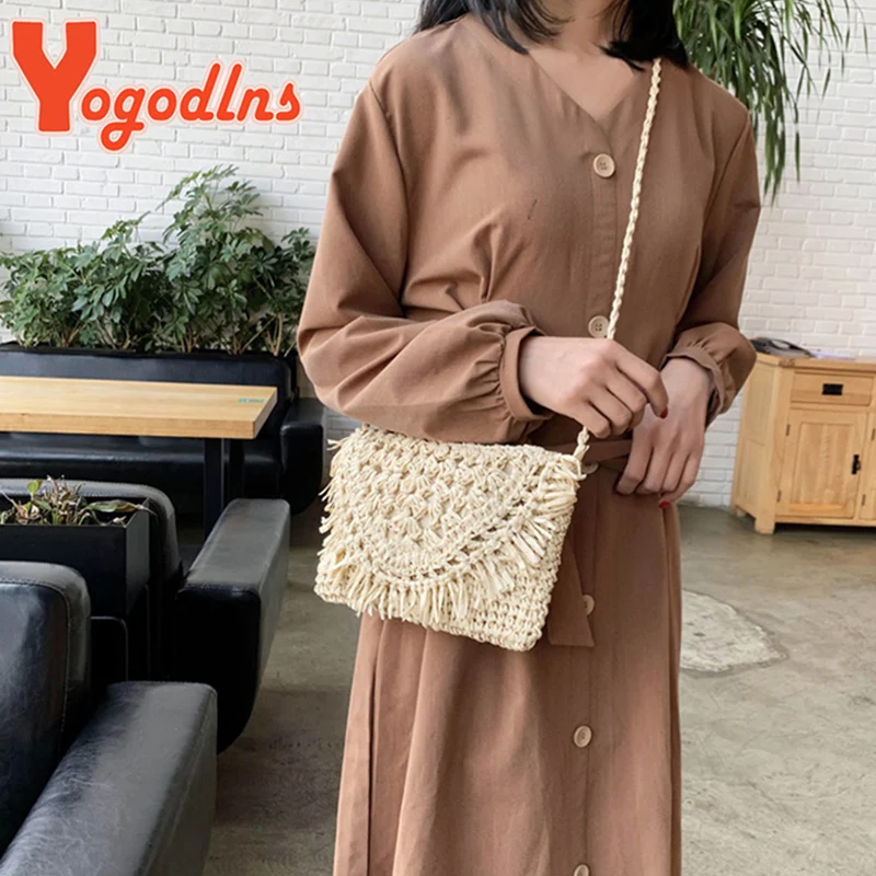 Соломенная Сумка Yogodlns с кисточками для женщин Пляжная плетеная маленькая сумка