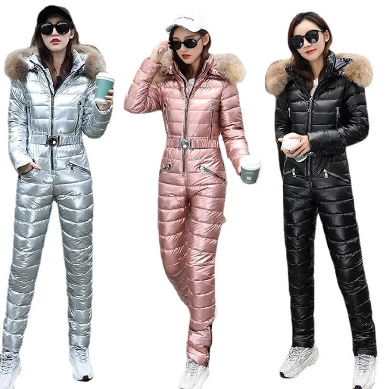 2021 Winter One Piece Ski Suit Women Fur Hooded Parka Jumpsuit Women Cotton bodysuit Sashes Overalls Zipper Tracksuits q441