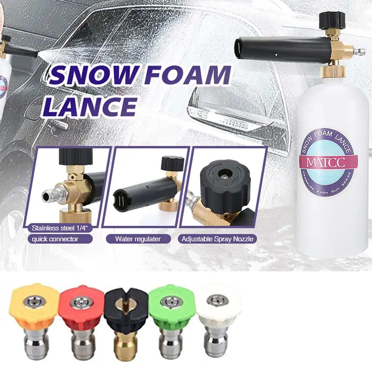 

Adjustable Foam Cannon I Liter Bottle Snow Foam Lance with 1/4'' Quick Connector and 5 Pressure Washer Nozzles for Cleaning