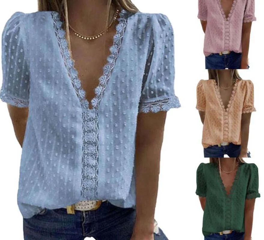 

Бесплатная доставка, Лидер продаж, Модная стильная женская шифоновая рубашка, однотонное облегающее платье-топ с кружевом, рубашки с коротк...