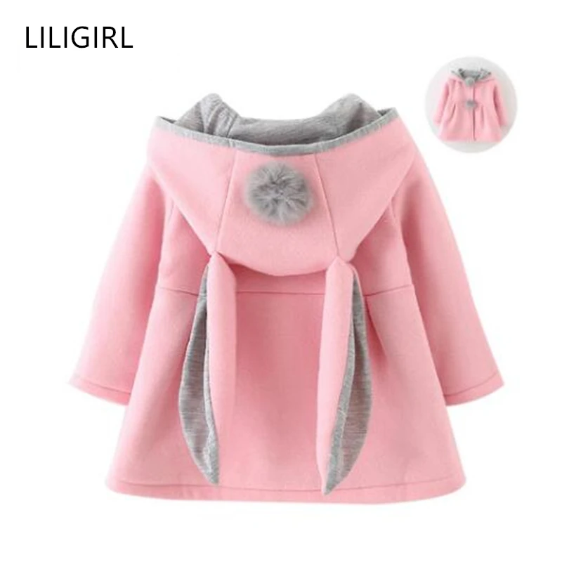 LILIGIRL/куртка для маленьких девочек; Милая Детская куртка с капюшоном и помпонами кролика; Принцесса на пальто; верхняя одежда; коллекция года; рождественские топы для детей; одежда