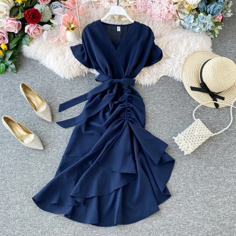 

Women's Summer Spring 2021 Irregular Pleated Waist Vintage Split Knee Fishtail Short Sleeve Bandge V Neck Dress