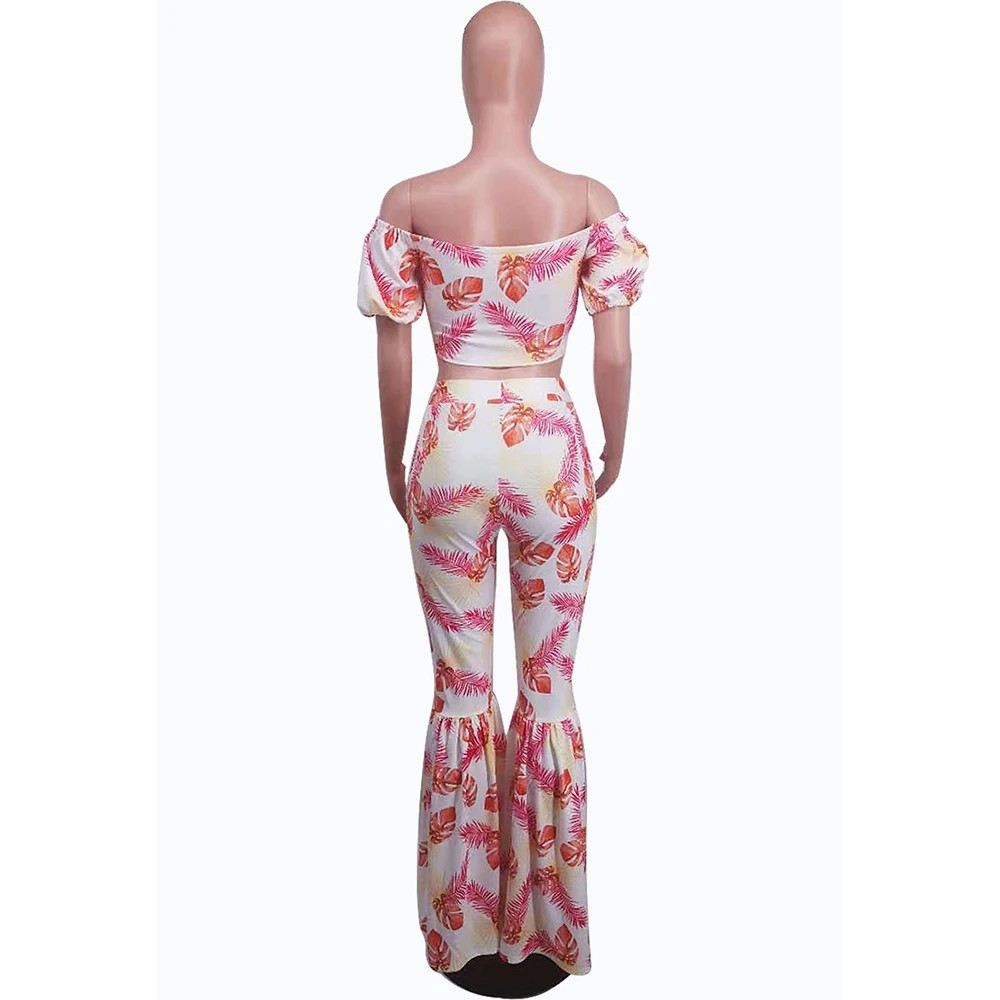 

Summer Beachwear Vacation Outfits for Women Floral Print Bow Tie Crop Tops and High Waist Bell Bottom Pant Sexy Two Piece Sets