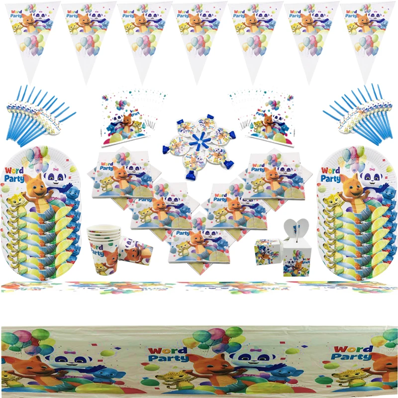 

Animals Word Party Theme Kids Birthday Party Decorations Disposable Tableware Paper Cups Plates Napkins Baby Shower Supplies