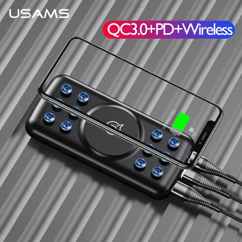 USAMS 5V 2A Qi Беспроводное зарядное устройство 10000mAh power Bank 18W QC 3,0 PD Быстрая Зарядка power bank с присоской для iPhone samsung