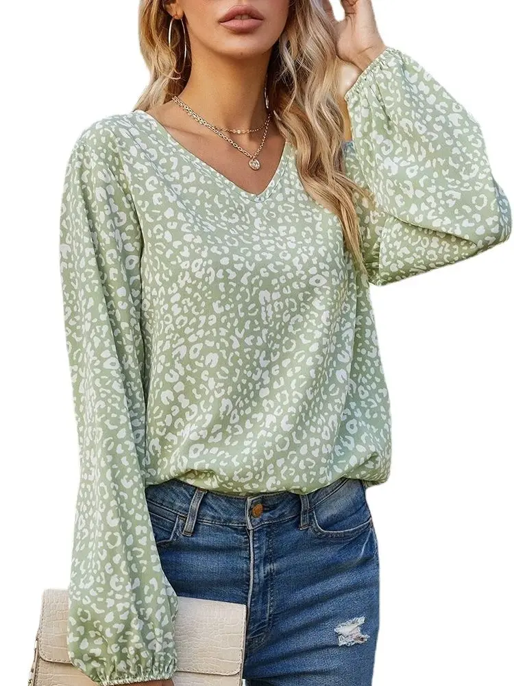 

2021 Autumn The New V-neck Hedging Long Sleeve Chiffon Printing Women's Shirt