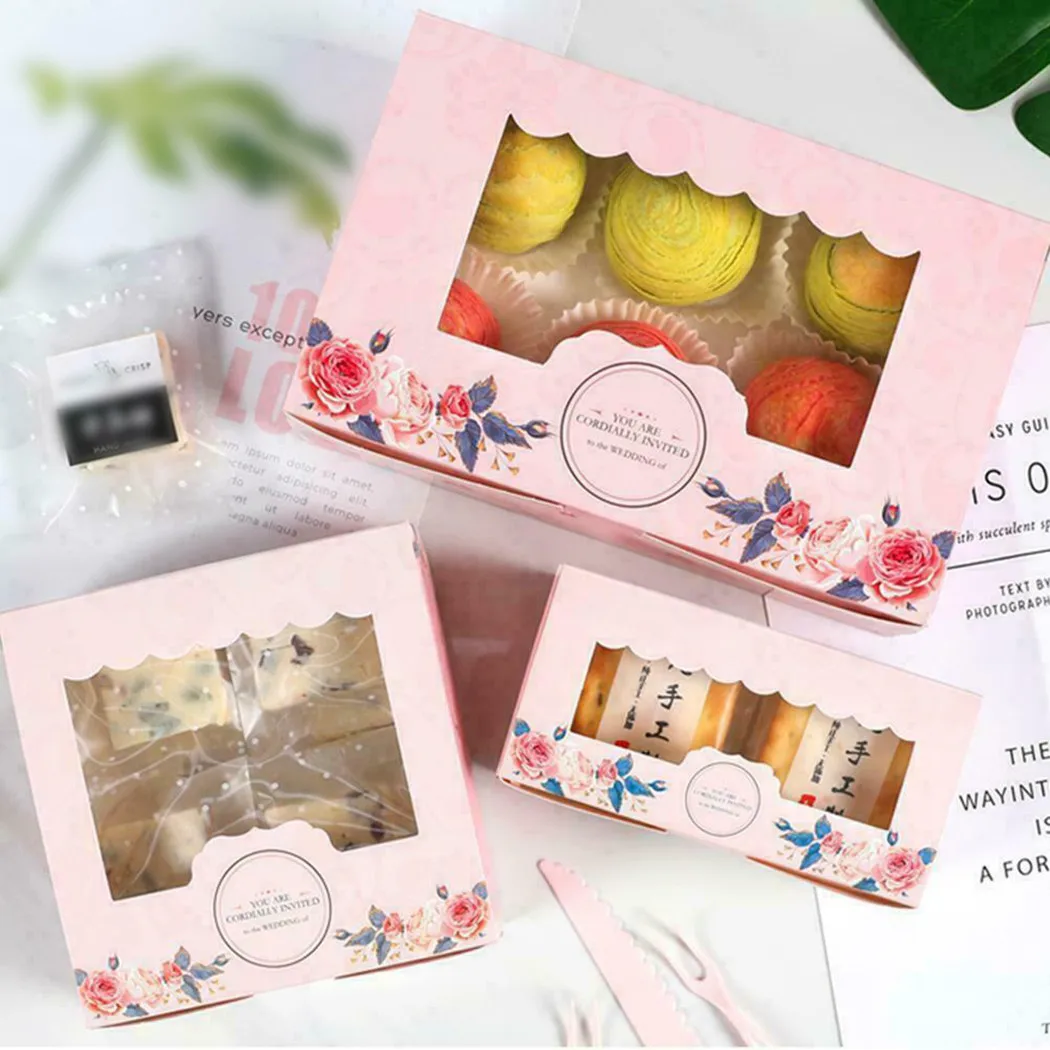 

10PCS White Kraft Paper Color Bakery Cookie Cake Pies Boxes With Windows Package Decor Box For 2/4/6 Cup Cake Case Wedding Party