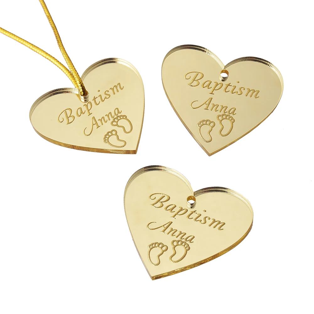 

50Pcs * Personalized Engraved Mirror Heart Wedding Tags Gold Baptism Tag Sculpture Favor Party Wedding Decor Baby Shower Gift