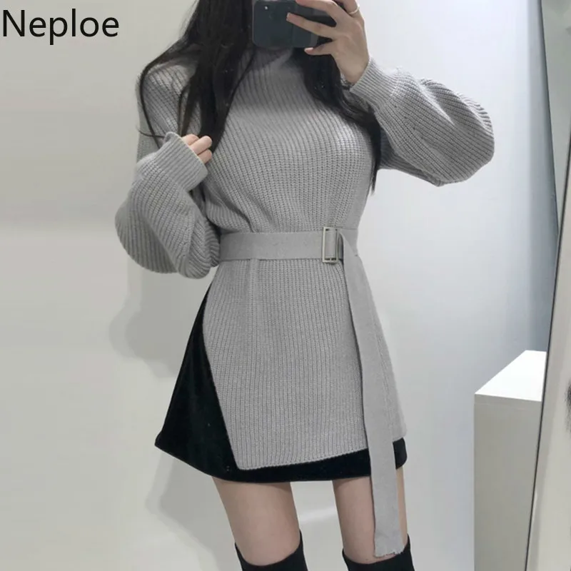 Neploe, шикарный Ретро стиль, тонкая талия, на шнуровке, для женщин, Hiver, крест сбоку, дизайн, средней длины, свитер, пуловер, однотонный, водолазка, Джерси, 47502