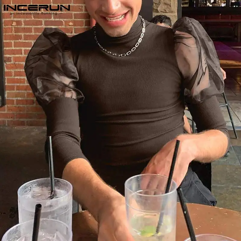 INCERUN-Camiseta Sexy de encaje para hombre, camisa de punto elástico, a la...