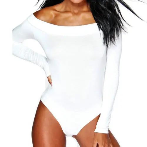 

Fashion Women Ladies Off Shoulder Long Sleeve Bodysuit Leotard Top Plain Stretch