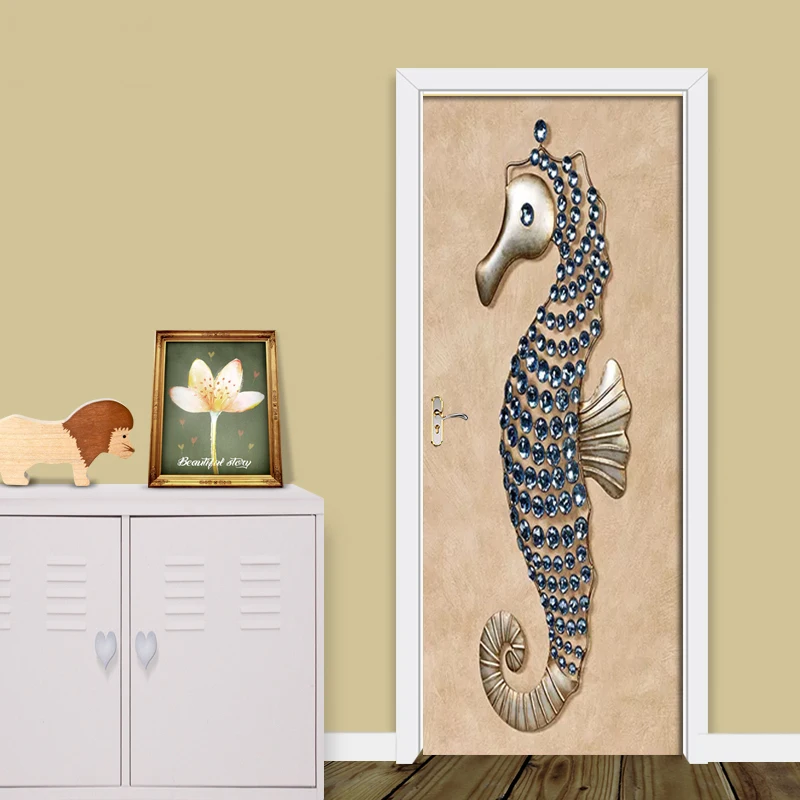 3D наклейка на дверь ПВХ Самоклеящиеся стерео украшения морская лошадь обои