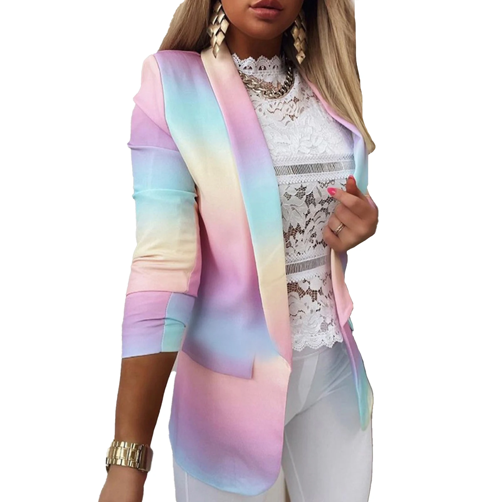 

European Style Office Lady Blazer Colorful Print Lapel Long Sleeve Cardigan 2021 Fashion Women Basic Coat Autumn Chaquetas Mujer