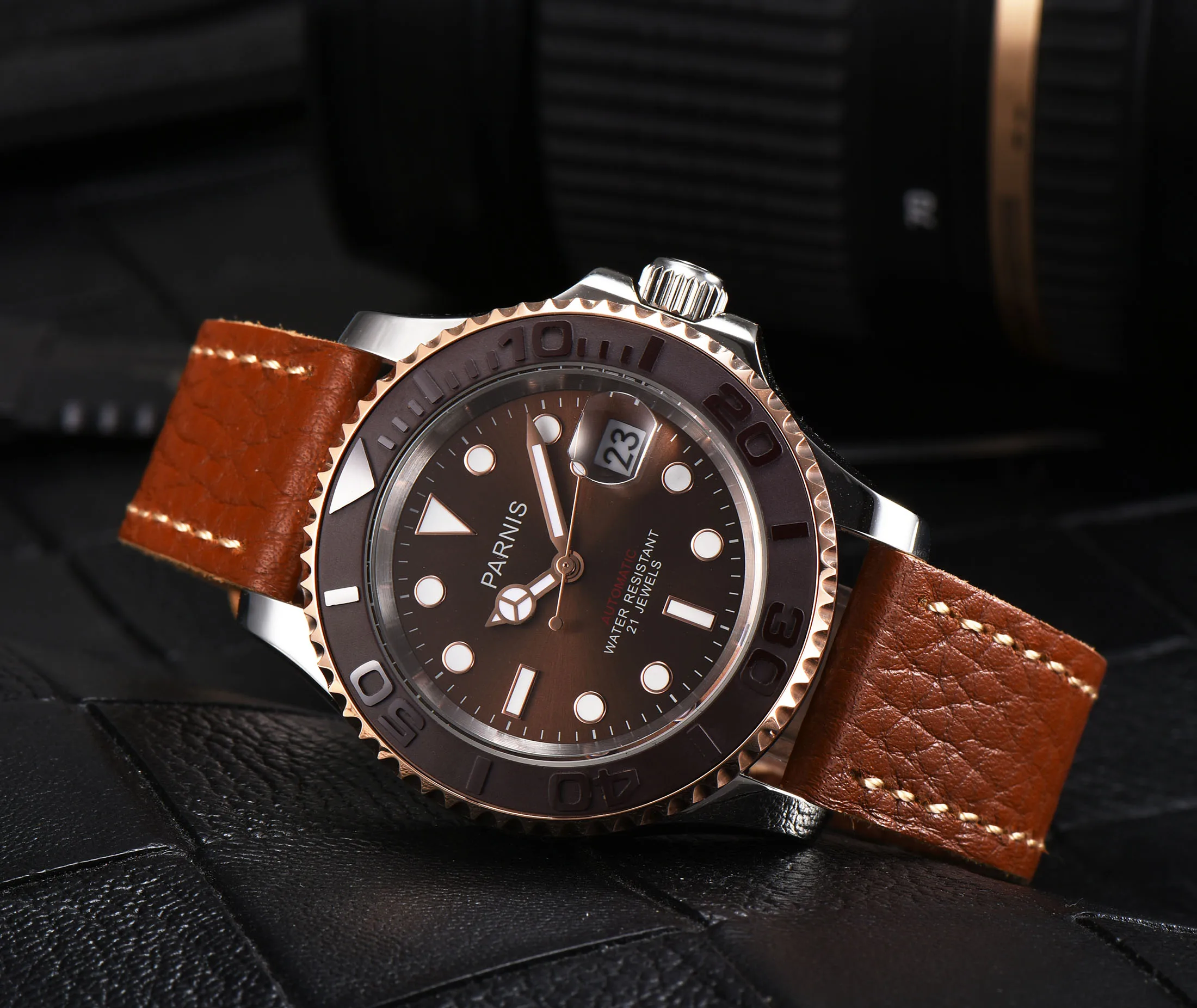 Мужские механические Автоматические часы Parnis 40 мм мужские Miyota 8215 с коричневым