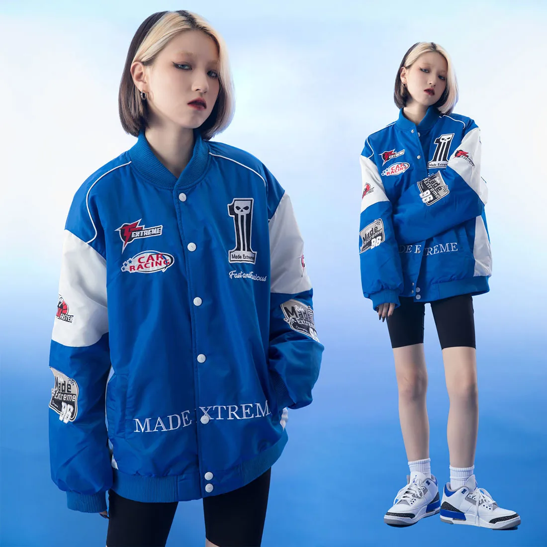 ATSUNNY Racing embroidered jacket Stitching color American retro Parkas Thicken national tide autumn and winter cotton coat