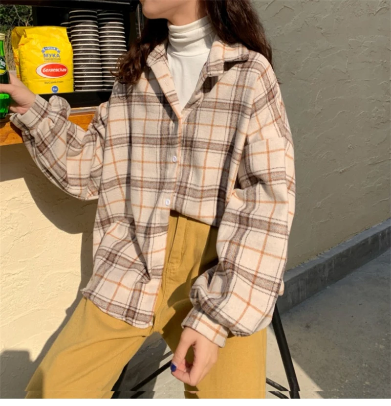 Women Plaid Warm Shirt Female Jacket Checked Coat Casual Turn-down Collar Long Sleeve Autumn Blouse Fashion Loose Outwear Tops