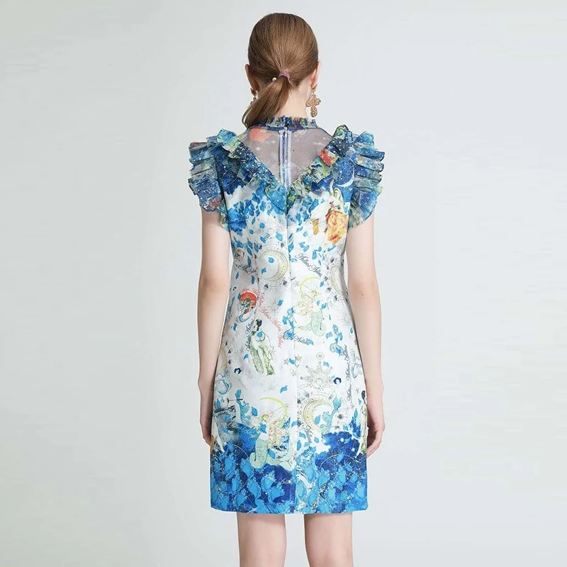 

VERDEJULIAY Designer Fashion Women Dress Butterfly Sleeve Mesh Ruffles Patchwork Cartoon Letter Print Slim Holiday Dress