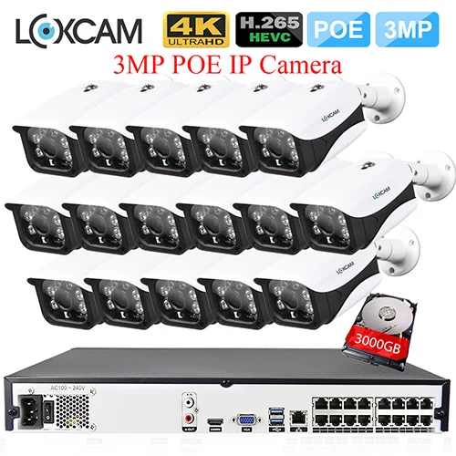 LOXCAM H.265+ 16ch nvr система 16CH 5MP POE NVR комплект 48 В 3MP вход/Открытый Антивандальный безопасности ip-камера Onvif видеонаблюдение 4K - Цвет: 16CH NVR x 16 Camera