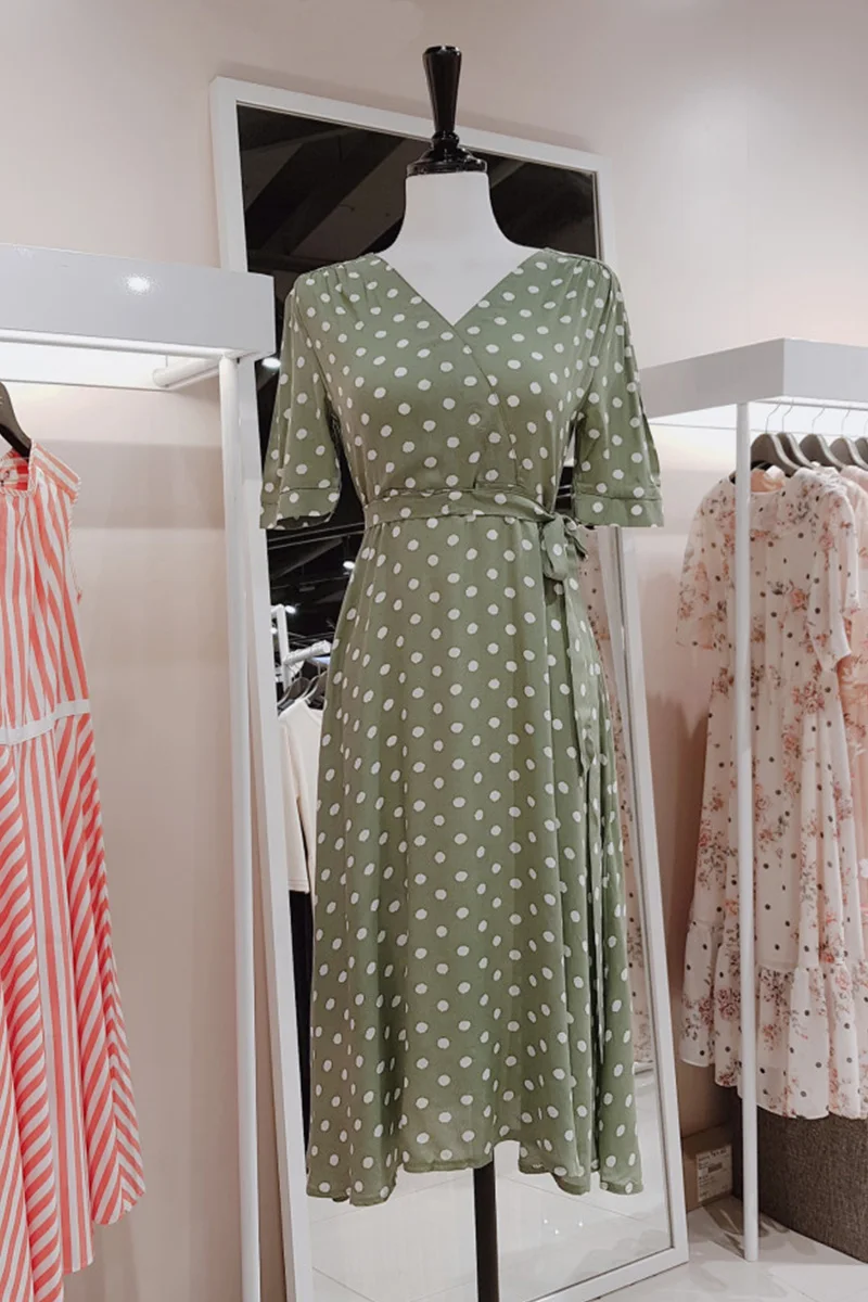 

Large Size Bandage Dress Dot V Neck Short Sleeves A Line Women Dress 2021 Summer New Fashion Slimming Long Dress