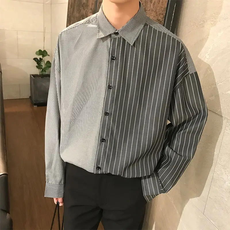 

Korean Dress Shirt Men's Fashion Business Casual Shirt Men Streetwear Wild Loose Long Sleeve Shirt Mens Striped Shirt M-XL