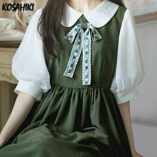 

KOSAHIKI Harajuku Fashion Cross Cosplay Cute Girl Green Dress Japanese Gothic Style Puff Sleeve Tulle Robe Lolita Kawaii Dresses