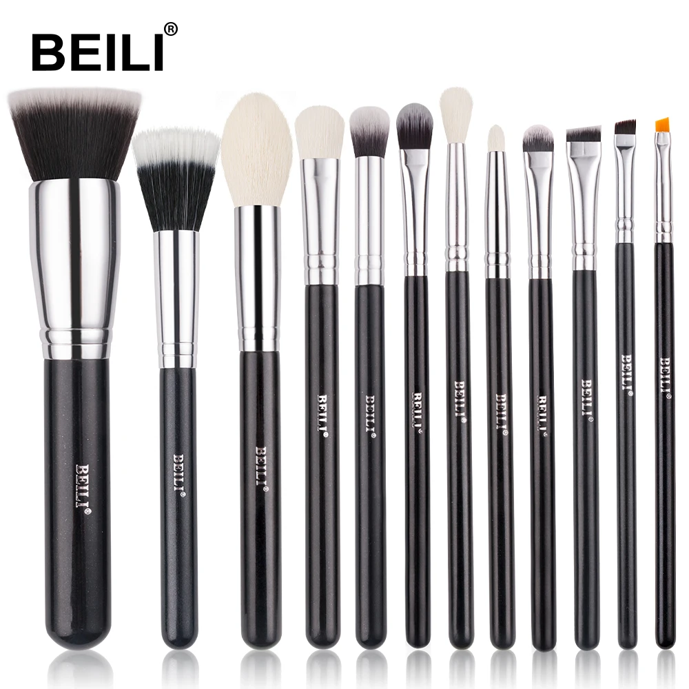 Набор кистей для макияжа BEILI Black 12 шт. Кисть из козьего волоса тени век тональный