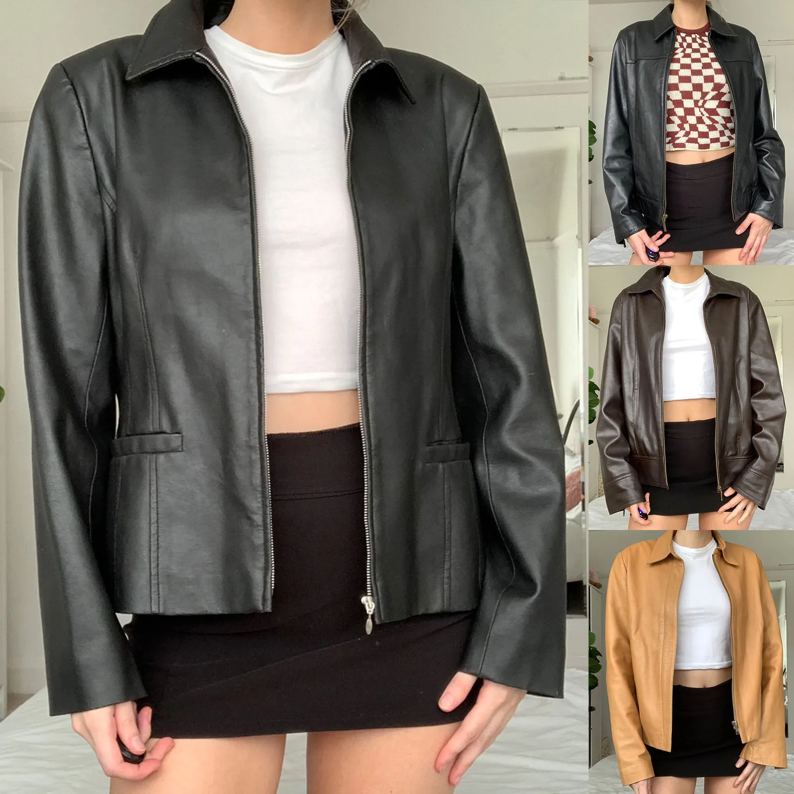 

Женская куртка из искусственной кожи, однотонное пальто на молнии с отложным воротником и длинным рукавом, Осень-зима