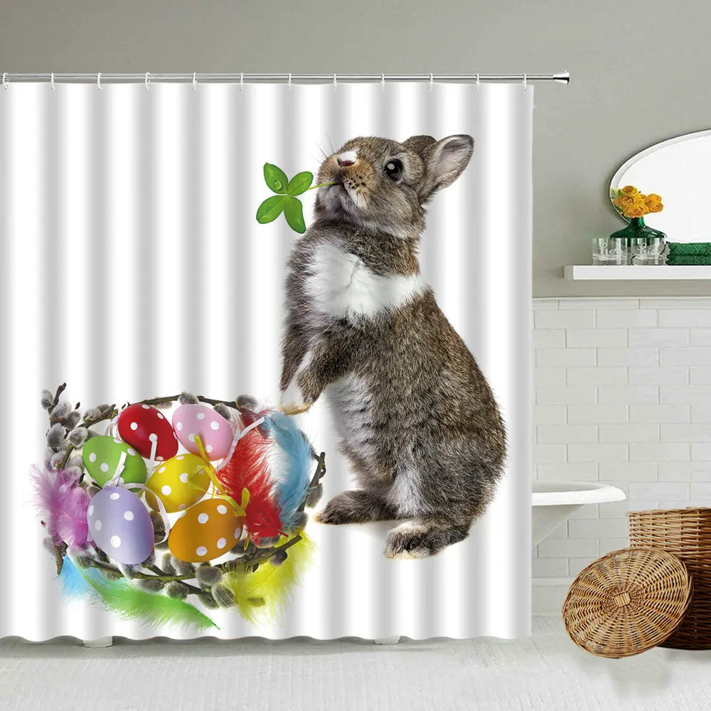 

Пасхальная занавеска для душа с изображением милого кролика, животного, яйца, белого цвета, креативное украшение на стену ванной комнаты, во...