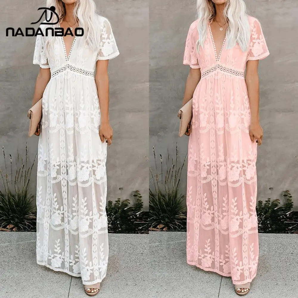 Женское кружевное пляжное платье NADANBAO однотонное длинное Повседневное с V