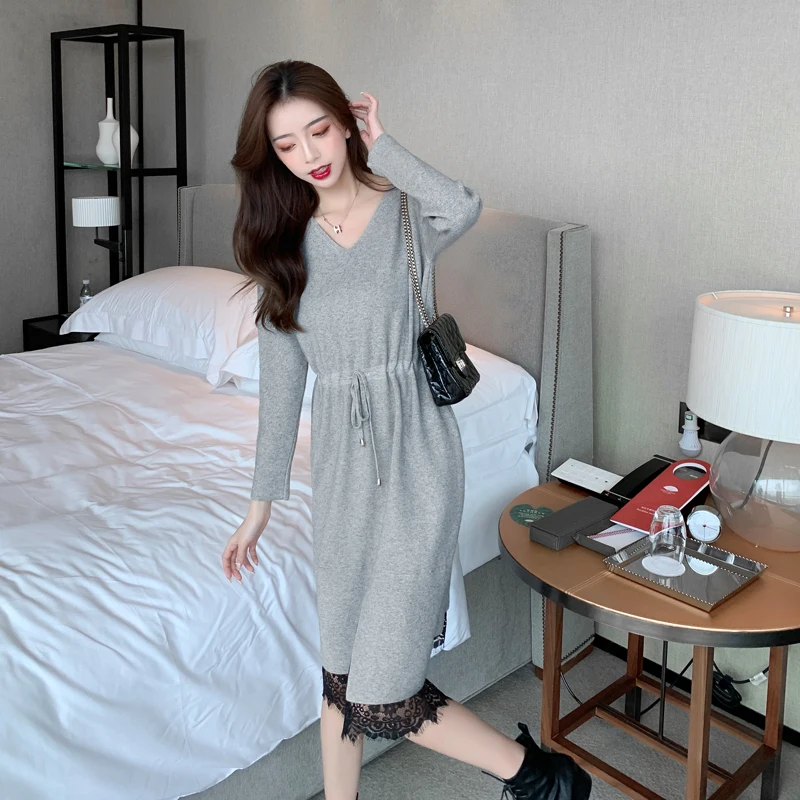 

New Elegant Women Autumn Spring Fashion Slim Long Sleeve Dress Knit lace patchwork tunic Dress