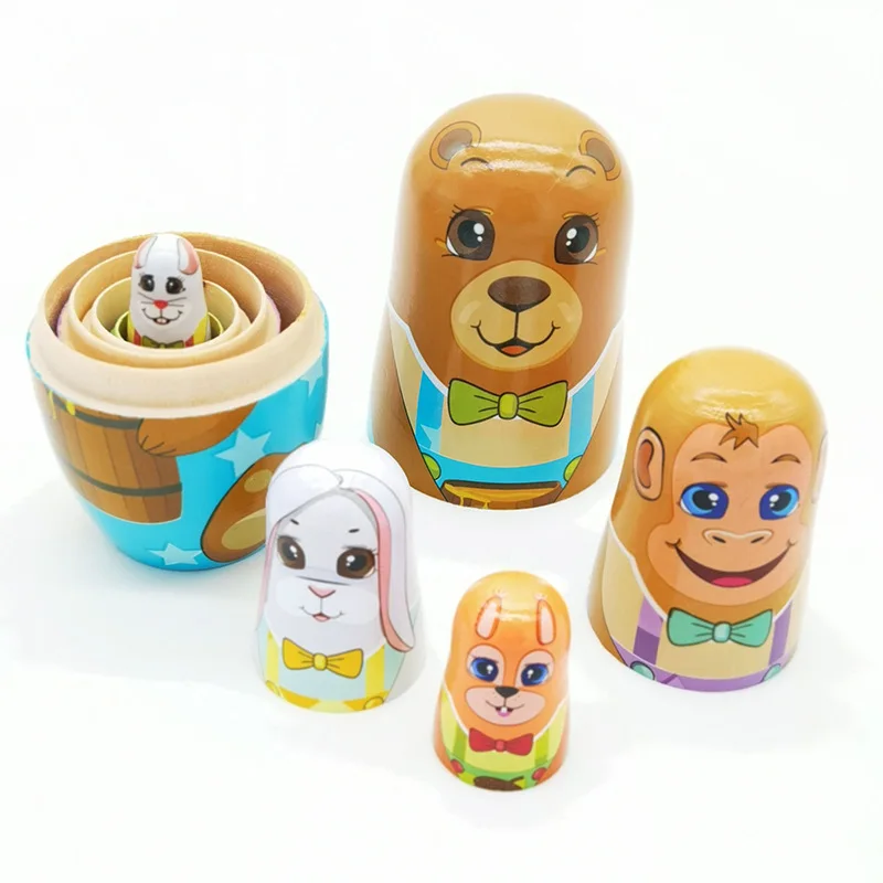 5PCS Wooden Matryoshka Doll Russian Nesting Dolls Matreshka Handmade Crafts Ornament Cartoon Dog For Home Decoration - купить по