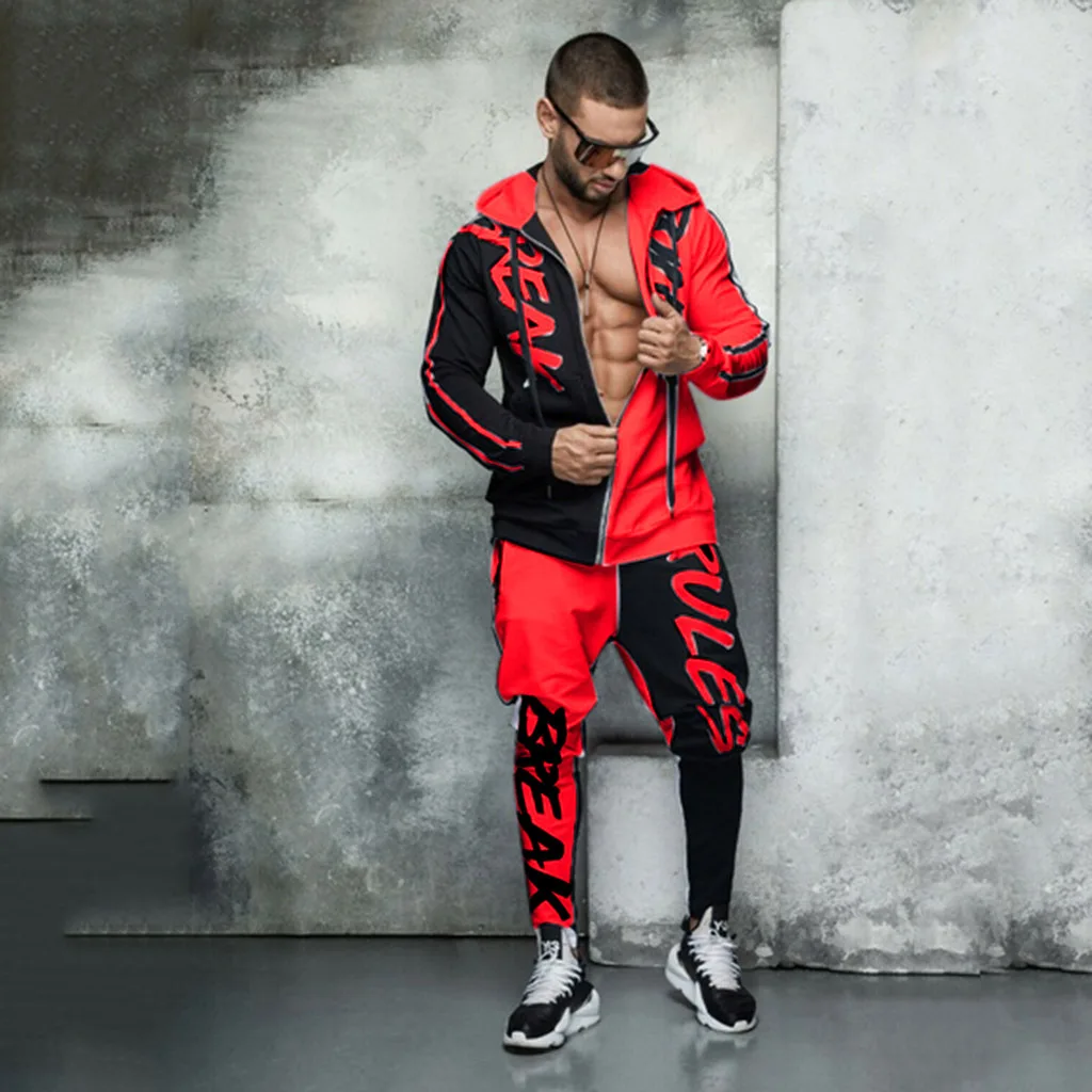

Autumn Men's Sports Suit 2pieces Hooded Casual Letter Color Matching Personalized Hip Hop Zipper Cardigan Men's Sports Suit