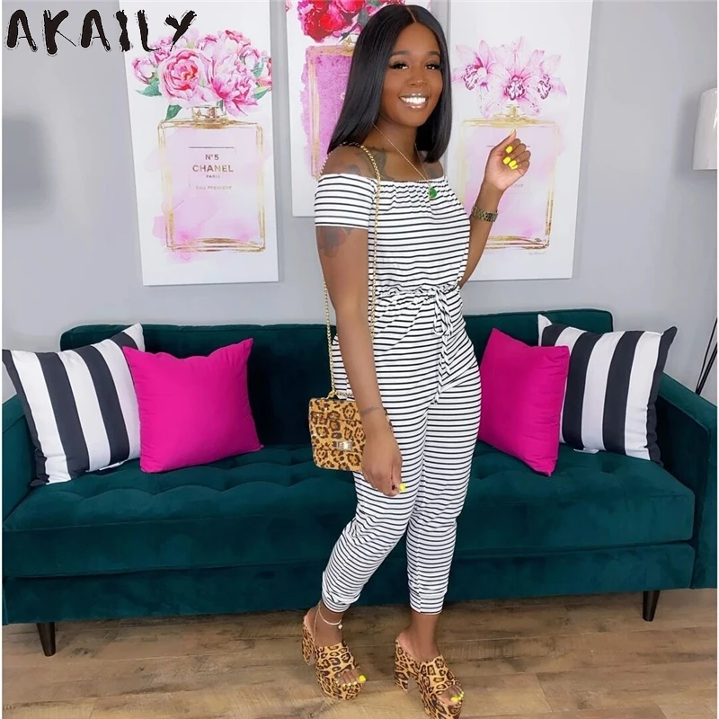 

Akaily Streetwear Striped Fashion Backless Black Bodycon Jumpsuit Women Summer Bandage White Fitness High Waist Romper Outfit