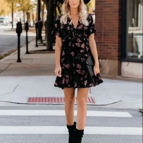 

Женское Короткое мини-платье в стиле бохо, летнее пляжное Свободное платье с цветочным принтом, V-образным вырезом и бантом, сарафан с коротк...