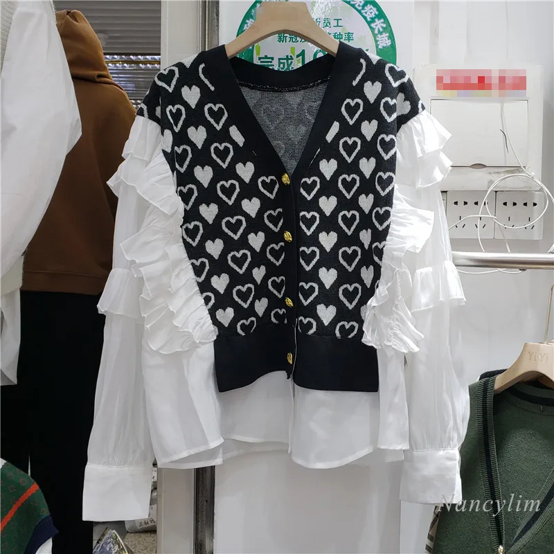 

Fashion Cardigan Women 2021 Autumn New Heart Button Shirt Patch Knitting Short Coat Lady Casual Outwears