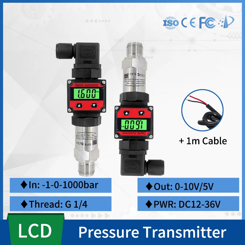 

LCD Pressure Measurment 0-10V 5V Output Water Tank Oil Gas -1-0-1000bar Pressure Transmitter G1/4 Connector With 1m Cable