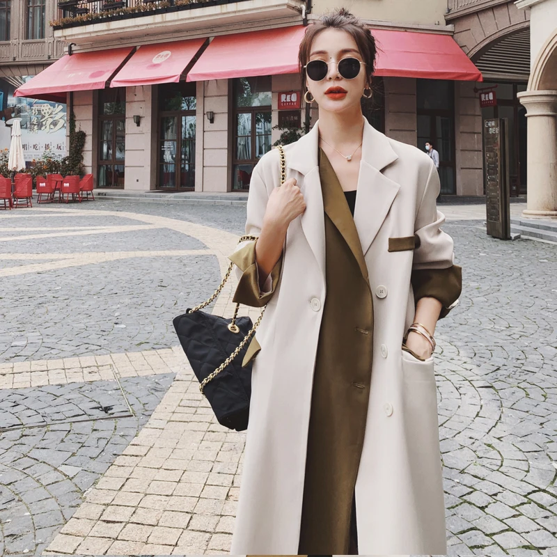 Женская бежевая куртка-ветровка средней длины весна-осень Новинка контрастные