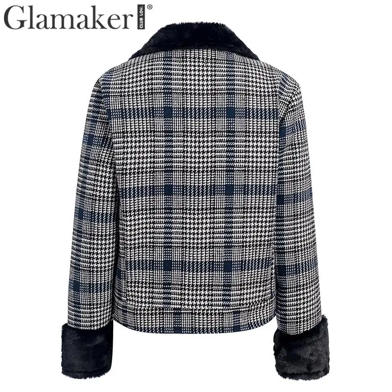 Glamaker клетчатое пальто из искусственного меха, меховая куртка, женская сексуальная черная Лоскутная теплая плотная верхняя одежда, осенняя короткая куртка из искусственного меха, зимнее пальто