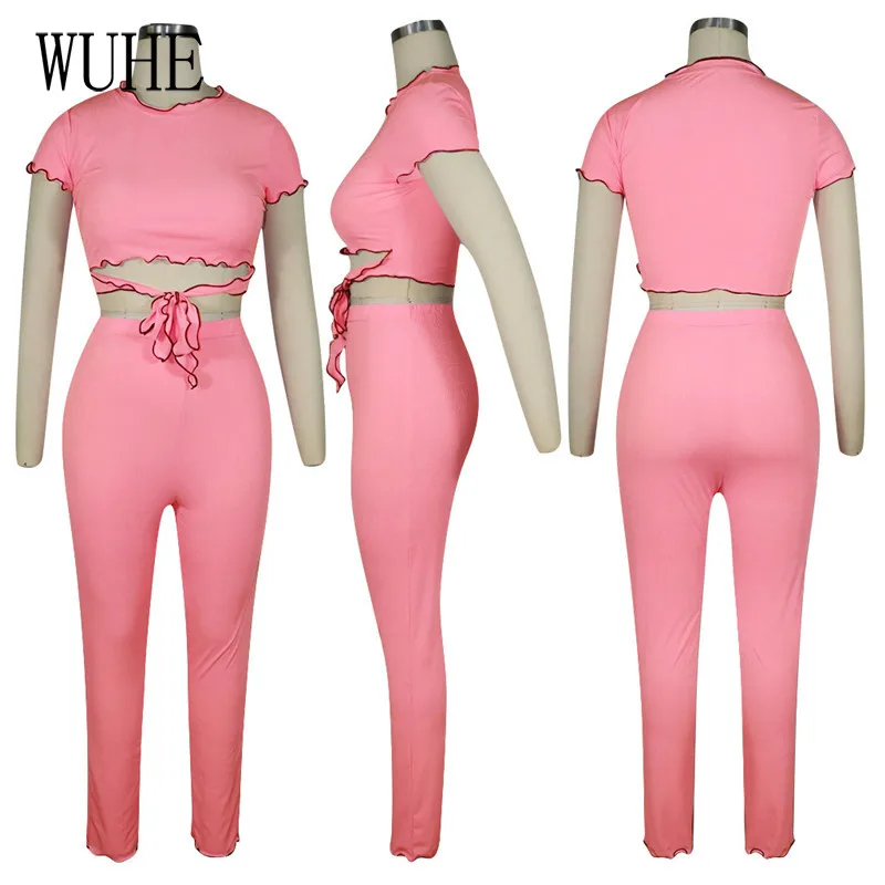 

WUHE Casual Tracksuits Outfits Patchwork Short Sleeve O Neck Lace Up Crop Top and Pencil Pants Yoga Joggers Fitness Two Piece