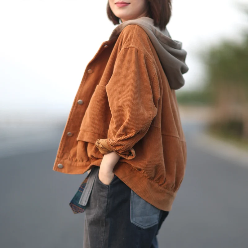 Женские вельветовые куртки Johnature винтажные с капюшоном и карманами на кнопках