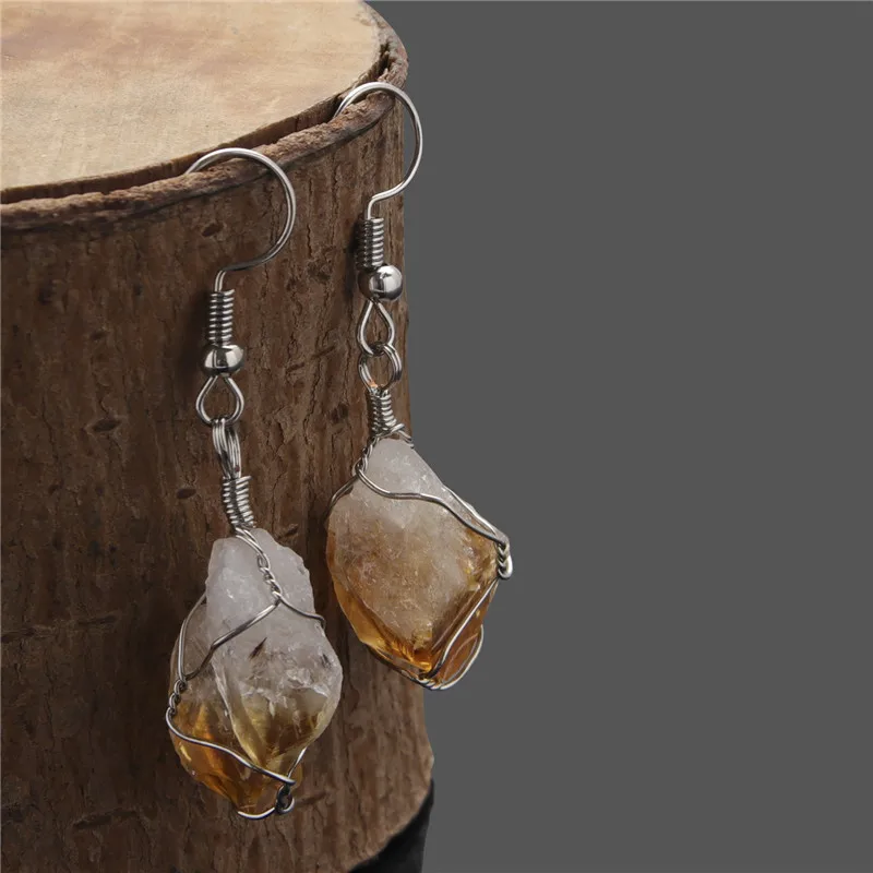 

Wire Wrapped Crystal Raw Citrine Earrings for Women Girl November Birthstone Dangle Earrings Untreated Healing Crystals & Stones