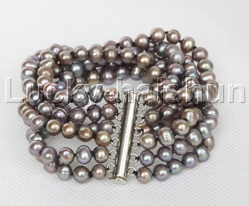 

Genuine 8" 7mm 6row round gray freshwater pearls beads Strand bracelet magnet clasp j12326