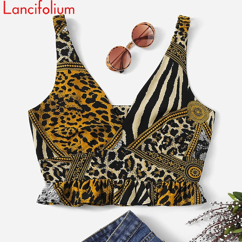 Женский укороченный топ с леопардовым принтом летний открытой спиной и баской
